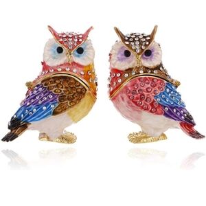 Hand Painted Enamel Couple Owl Trinket Box, Hinged Unique Figurine